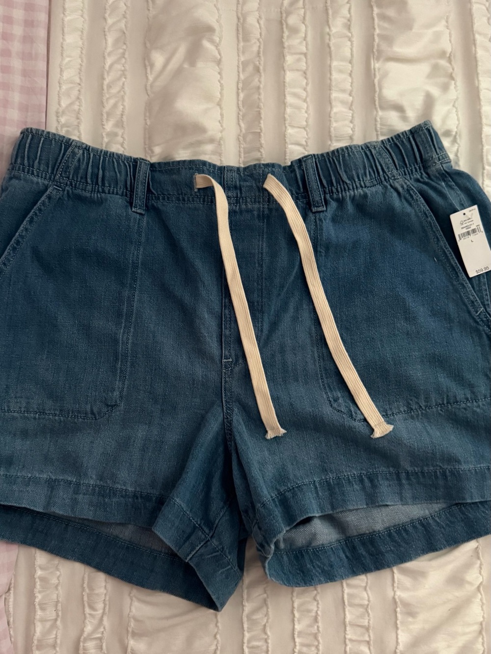 GAP High-Waist Denim-Look Drawstring Shorts - Blue with Cream Drawcord